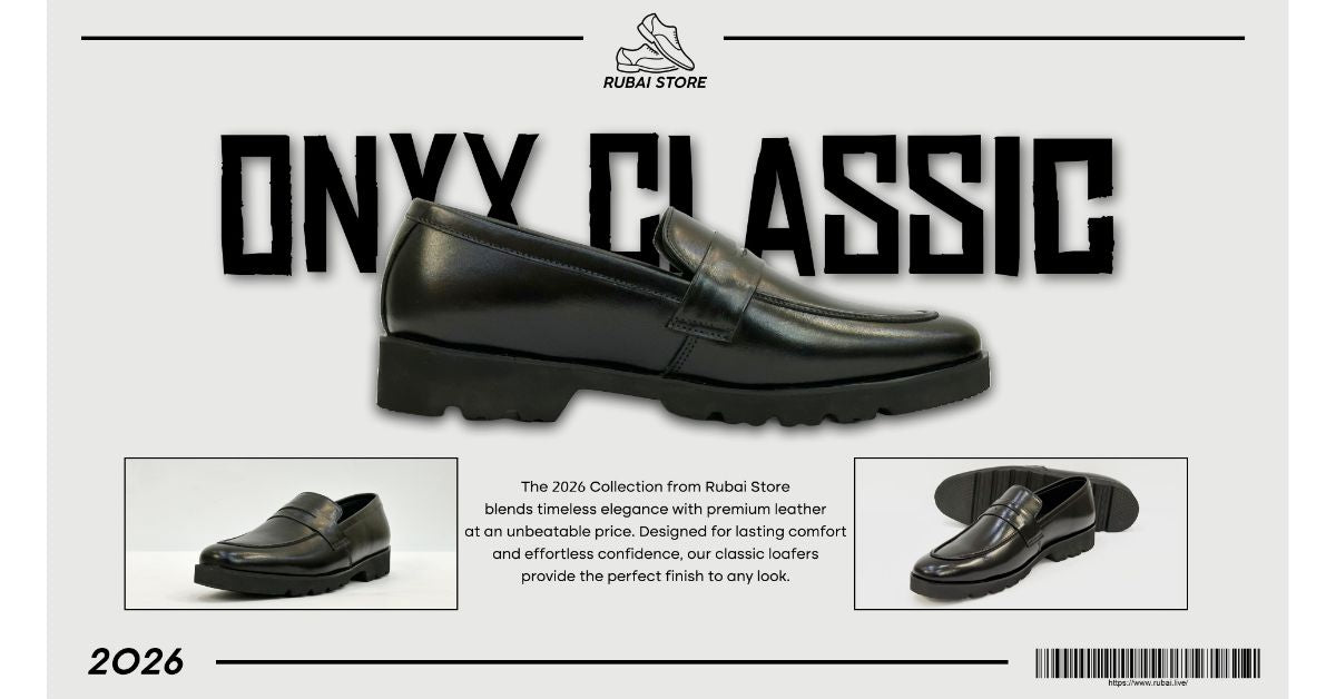 Black loafers with 'Onyx Classic' text and Rubai Store branding on a white background.