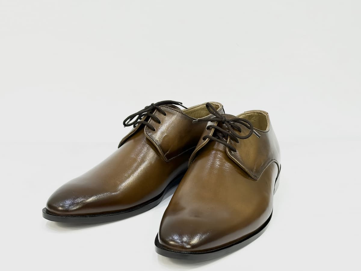 Pair of brown leather dress shoes on a white background