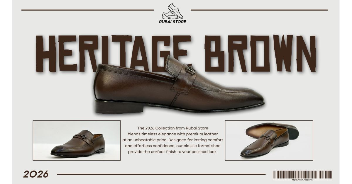 Brown leather shoes with 'Heritage Brown' text and Rubai Store branding.